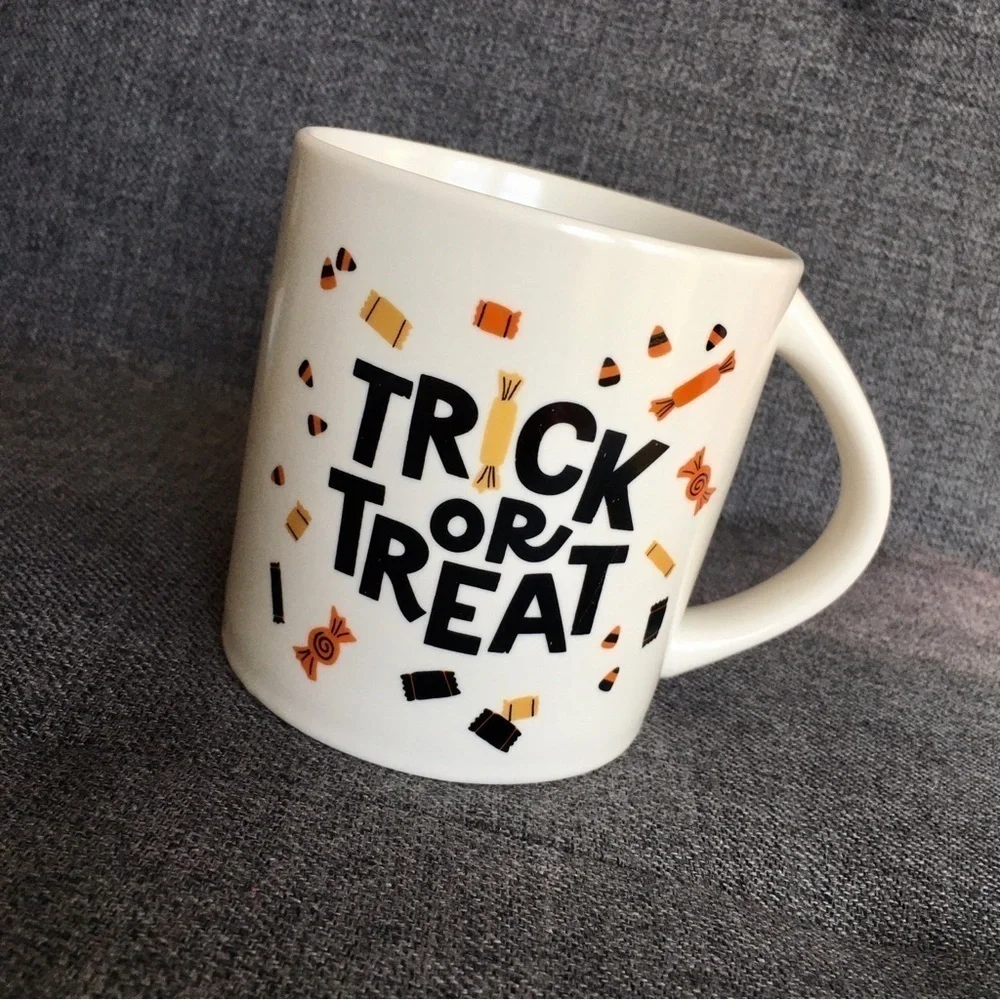 “TRICK OR TREAT” Coffee Mug, Ivory, Cream, Black, Fall Colors, 16 oz